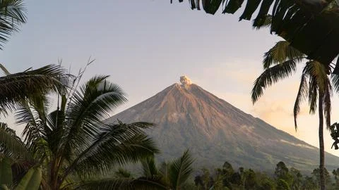 Eruption of Volcano Semeru on the island of Java. The volcano emits ash and Stock Photos