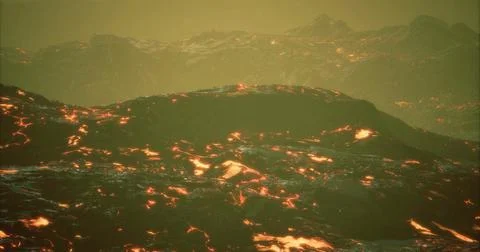 Eruptive lava flows create a dramatic landscape in vibrant hues during twilig Stock Illustration