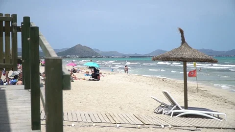 Es Capellans sand beach with mountains in the background (Mallorca) Stock Footage 128350149