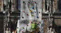 Escalade Artificial Rock Wall Climbing Competition Young Boy Climb Up Kids Hobby HD Footage