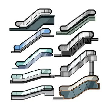 Escalator designs various types multiple moving staircases Stock Illustration
