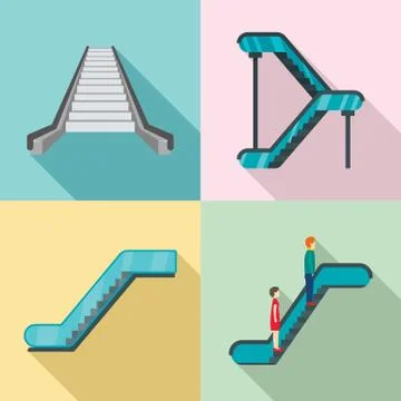 Escalator elevator icons set, flat style Stock Illustration