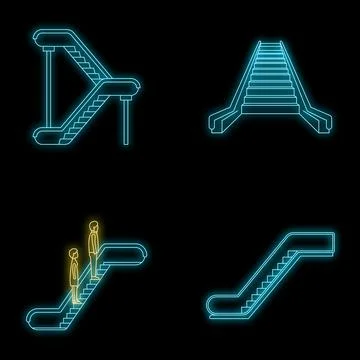 Escalator elevator icons set vector neon Stock Illustration