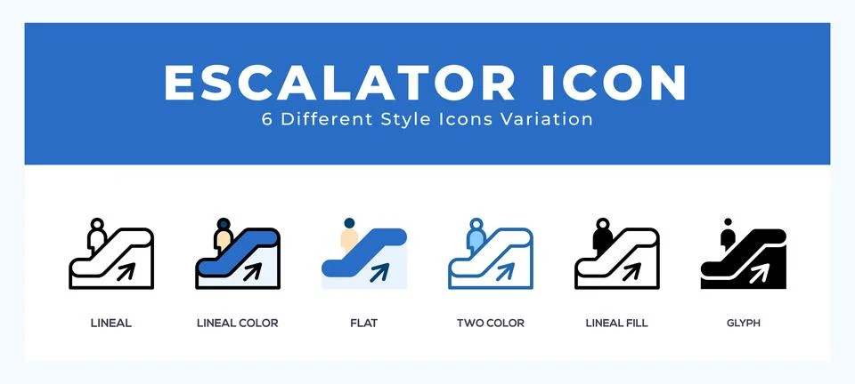 Escalator icon set with different styles. Design elements for logo. Vector .. Illustrazione stock