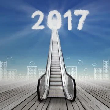 An escalator to number 2017 with the cityscape Stock Illustration