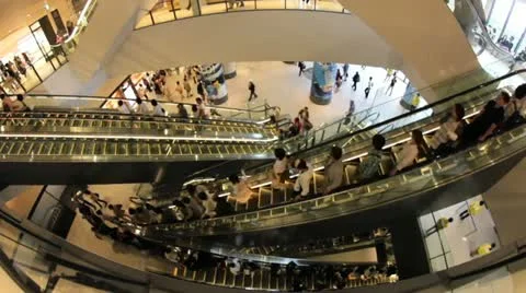 Escalator time lapse at Tokyo Sky tree shopping mall -- Fish eye Stock Footage