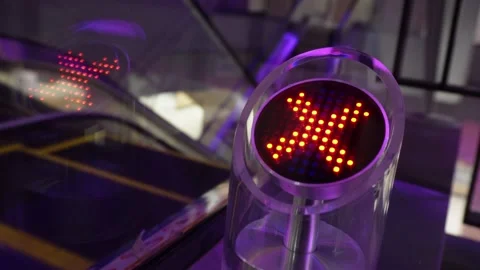 Escalator with warning sign Stock Footage 228024068