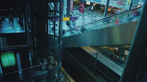 Escalators and elevator on the platform of Berlin's main train station Stock Footage 296165106