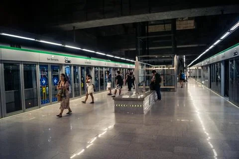 Escalators and subway platform inside San Bernardo metro station in central.. Stock Photos