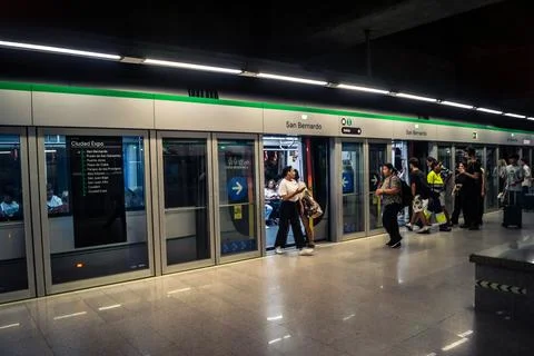 Escalators and subway platform inside San Bernardo metro station in central.. Stock Photos