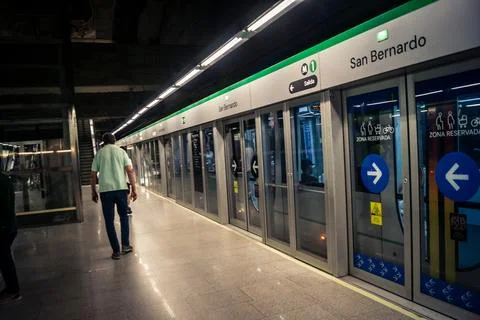 Escalators and subway platform inside San Bernardo metro station in central.. Stock Photos