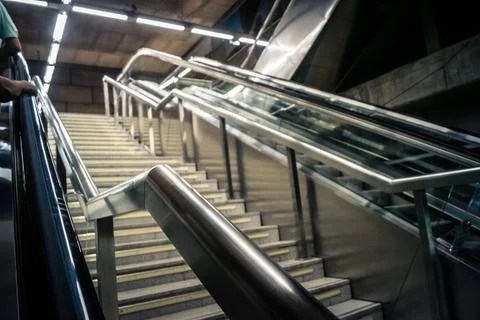 Escalators and subway platform inside San Bernardo metro station in central.. Stock Photos