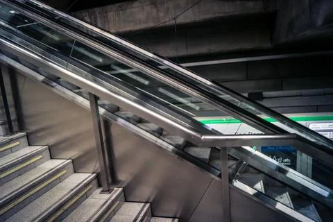 Escalators and subway platform inside San Bernardo metro station in central.. Stock Photos