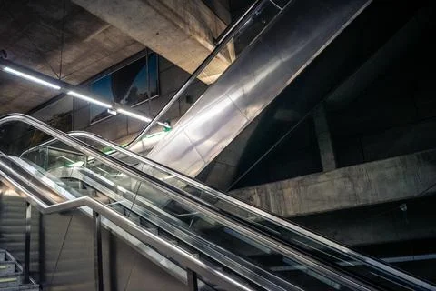 Escalators and subway platform inside San Bernardo metro station in central.. Stock Photos