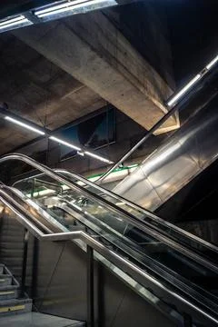 Escalators and subway platform inside San Bernardo metro station in central.. Stock Photos