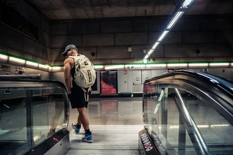 Escalators and subway platform inside San Bernardo metro station in central.. Stock Photos