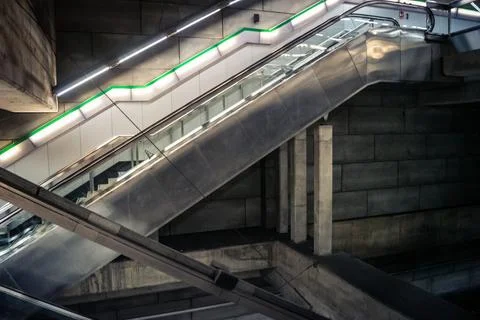 Escalators and subway platform inside San Bernardo metro station in central.. Stock Photos