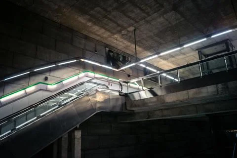 Escalators and subway platform inside San Bernardo metro station in central.. Stock Photos