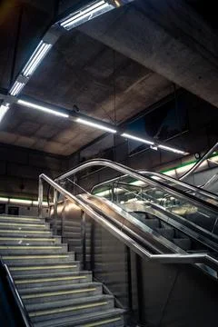 Escalators and subway platform inside San Bernardo metro station in central.. Stock Photos