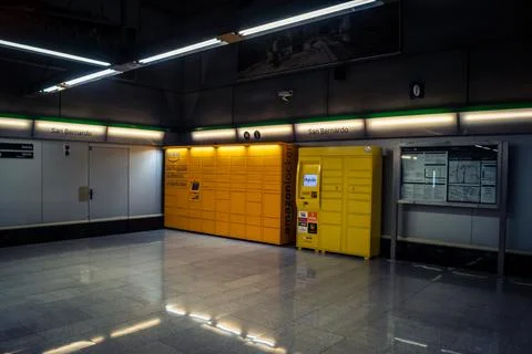 Escalators and subway platform inside San Bernardo metro station in central.. Stock Photos