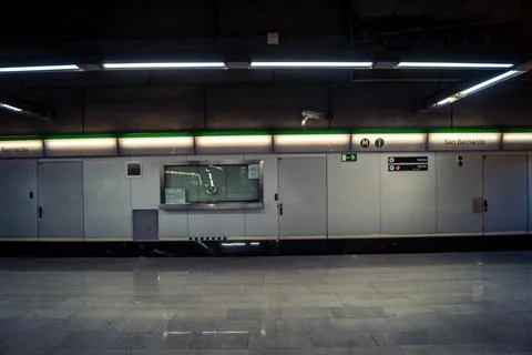 Escalators and subway platform inside San Bernardo metro station in central.. Stock Photos
