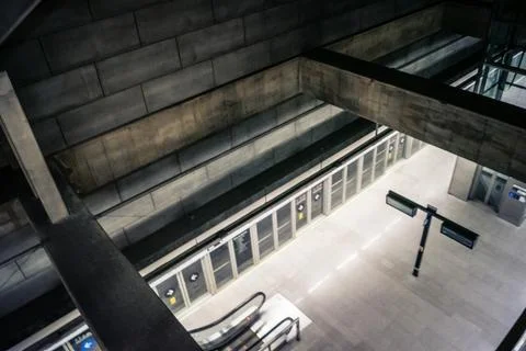 Escalators and subway platform inside San Bernardo metro station in central.. Stock Photos
