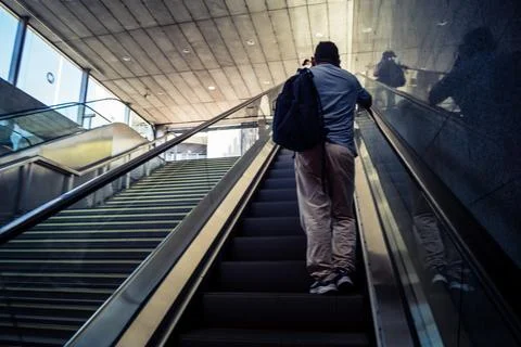 Escalators and subway platform inside San Bernardo metro station in central.. Stock Photos