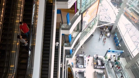 Escalators in Mall - Many Escalators Seen From Above - Bangkok, Thailand - June, Stock Footage 93630468