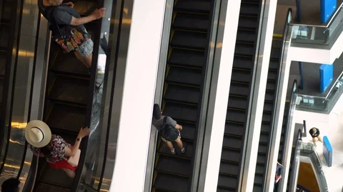 Escalators in Mall - Many Escalators Stacked From Top Down Perspective - Bangkok Stock Footage 93630408