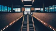 Escalators Operating In Empty Airport Terminal From Dark Lower Level To Exit. Stock Footage
