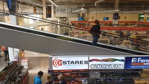 Escalators in the supermarket Stock Footage 88712045
