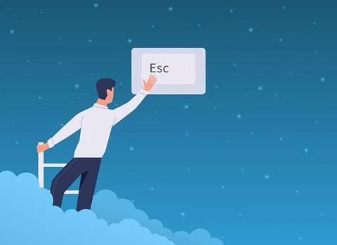 Escape, exit. Cartoon man presses on Esc keyboard interface button. Character Illustrazione stock