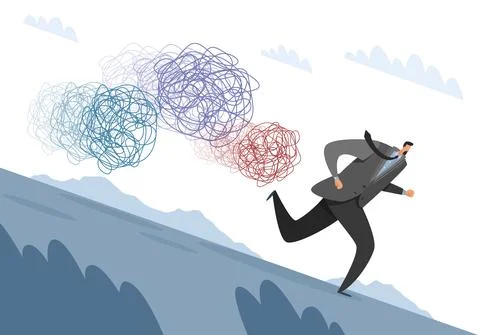 Escape from problems. Businessman running away from failures. Tangled cords of Stock Illustration