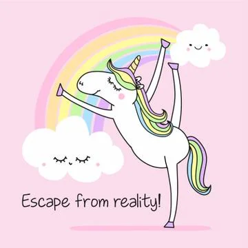Escape from reality - funny vector quotes and unicorn drawing. Stock Illustration
