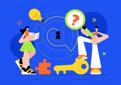 Escape Room Vector Illustration featuring People Solving Puzzles, Searching.. 스톡 일러스트