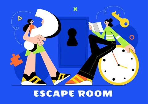 Escape Room Vector Illustration featuring People Solving Puzzles, Searching.. Illustrazione stock