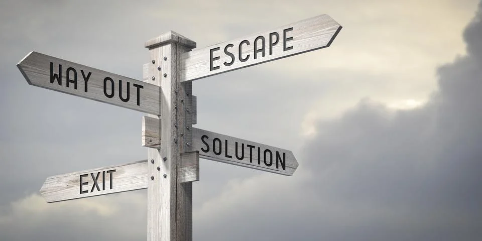 Escape, Way Out, Solution, Exit - wooden signpost with four arrows - 3D ren.. Stock Illustration