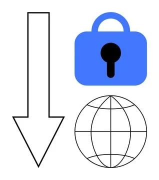 Escaping blue lock, black key, downward arrow, and globe. Ideal for web cyber Stock Illustration