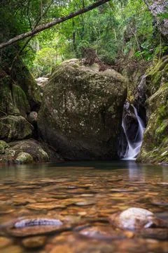 Escena serena de la selva con arroyo y enorme roca redondeada. Stock Photos