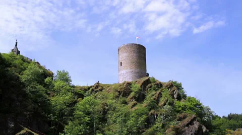 Esch-sur-Sûre Castle, now a ruin in the north-west of Luxembourg. Stock Footage 38673671