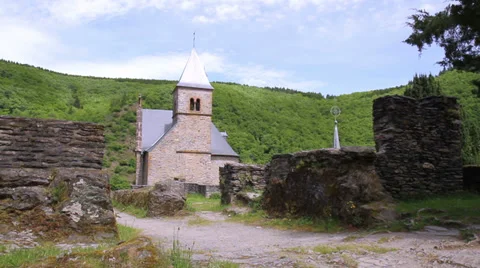 Esch-sur-Sûre Castle, now a ruin in the north-west of Luxembourg. Stock Footage 38845182
