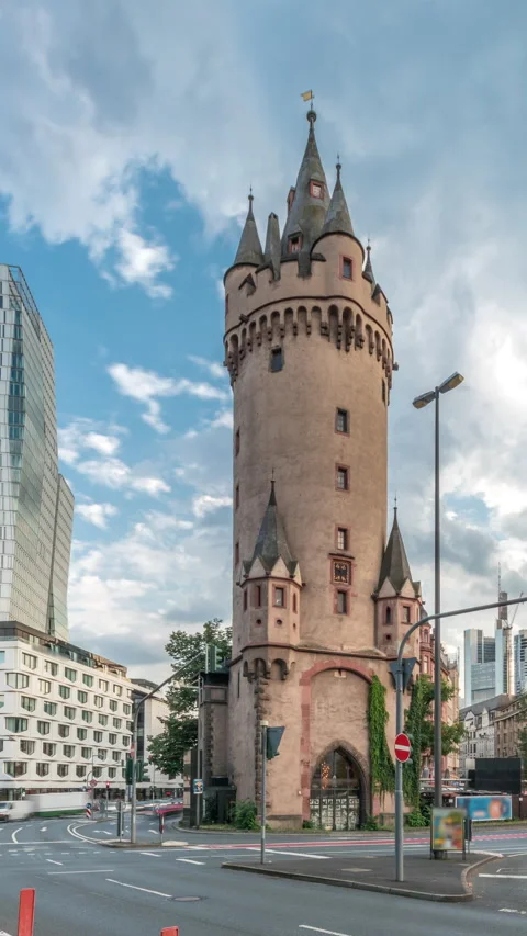 The Eschenheim Tower timelapse hyperlapse. Historic city gate in Frankfurt Stock Footage 313949489