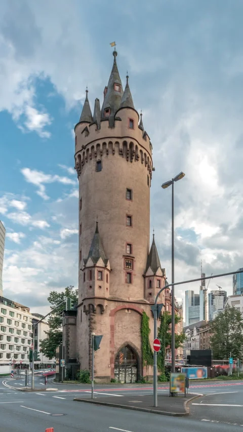 The Eschenheim Tower timelapse hyperlapse. Historic city gate in Frankfurt Stock Footage 319756646