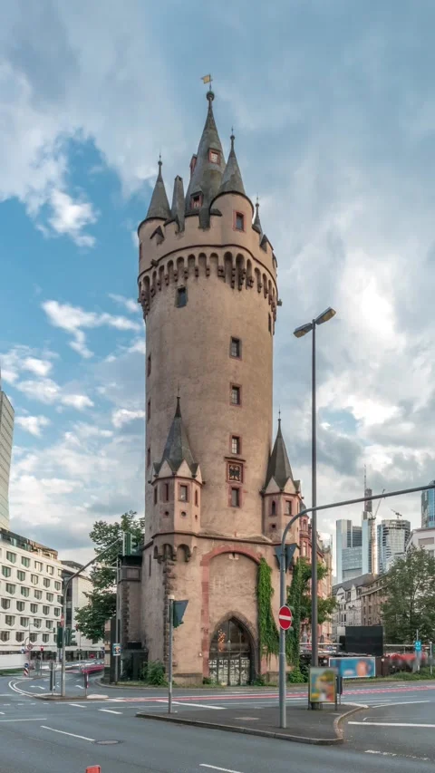 Eschenheim Tower timelapse hyperlapse, historic gate, Frankfurt, Germany Stock Footage 324920714