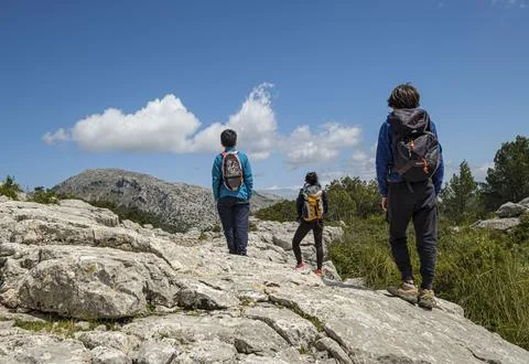 Escursionistas en el Puig des Castellot, 694 m, Selva, Mallorca, Balearic Isl Foto stock