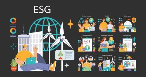 ESG dark or night mode set. Exploring environmental, social, governance Illustrazione stock