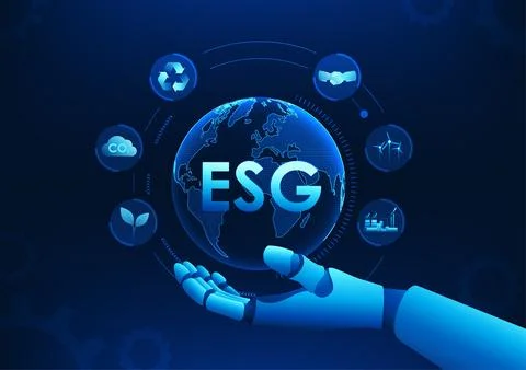 ESG is on Earth with a robot hand, representing green technology and sustai.. イラスト素材