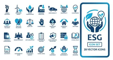 ESG environmental social governance solid icon set. Featuring renewable ene.. 스톡 일러스트