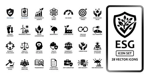 ESG Environmental Social Governance solid icon set containing 28 vector ico.. Stock Illustration