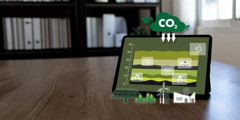 ESG performance dashboard and decarbonization visualizes CO2 reduction and .. Fotos Stock